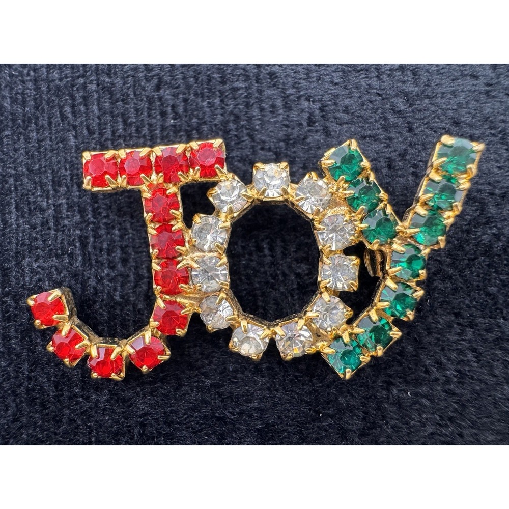 Rhinestone JOY Christmas Brooch Red Green Clear Gold Tone‎ Holiday Pin